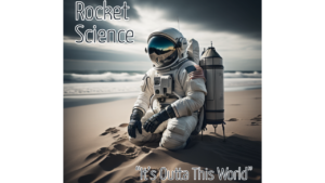 Astronaut sitting on Cocoa Beach with a rocket, promoting the Rocket Science escape room at Escape Cocoa Beach