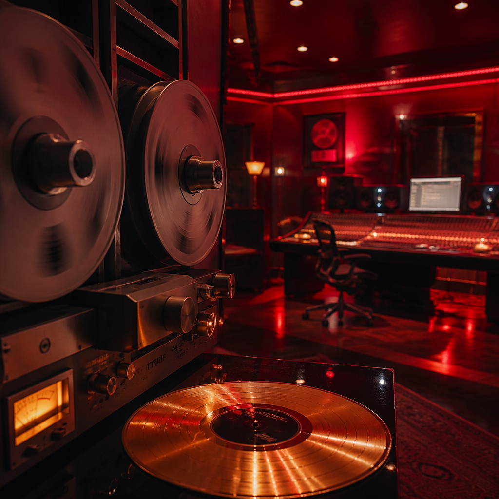 luxary recording studio, gold records and analog equipment. Reddish hue