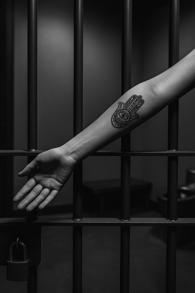 arm out jail bars with a tattoo on her arm
