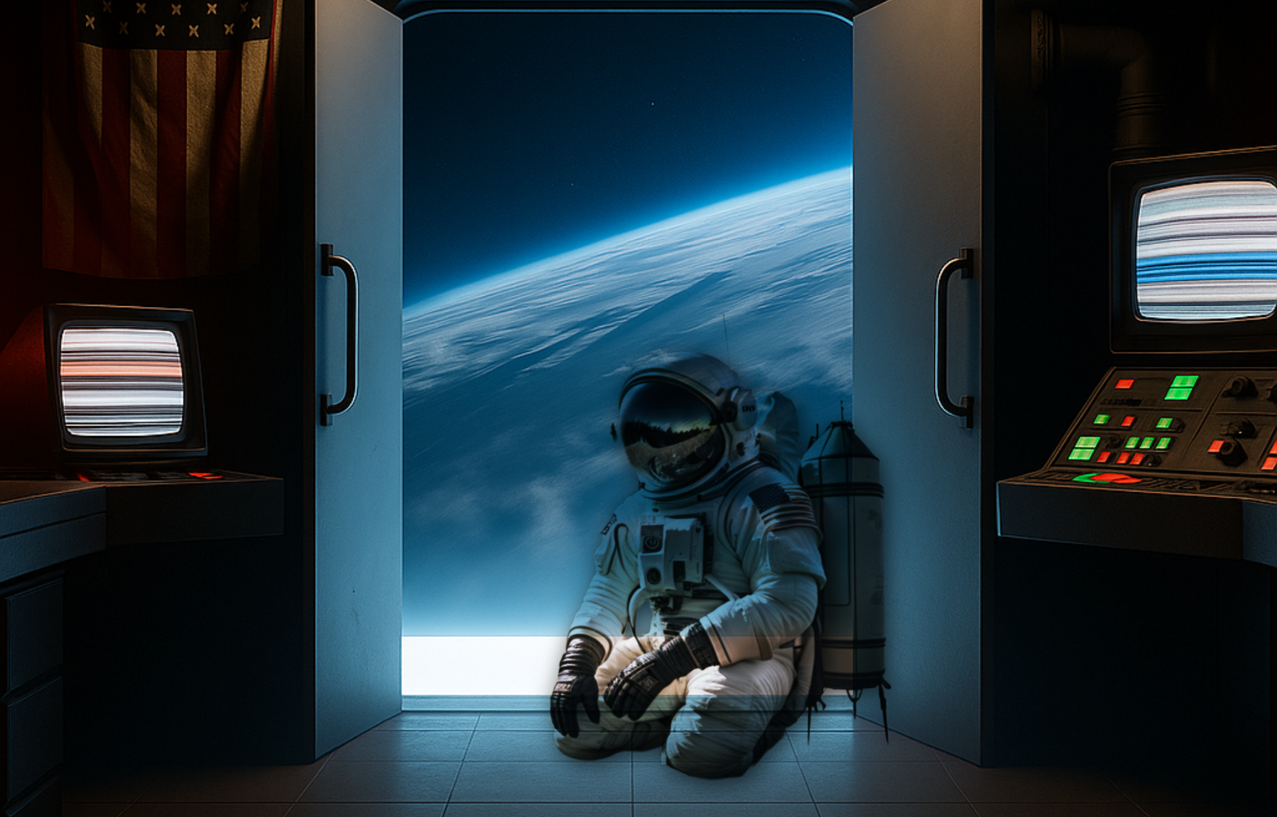 Apollo Black Site space escape room with astronaut in control room at Escape Cocoa Beach