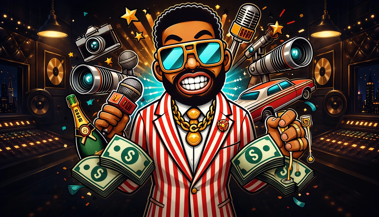 Illustrated music mogul surrounded by cameras and cash in a recording studio