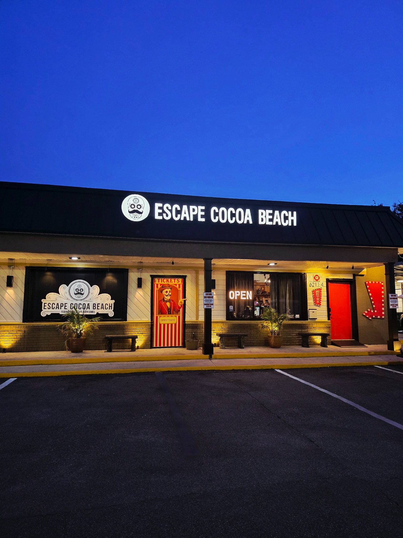 Night exterior of Escape Cocoa Beach in Cape Canaveral, Florida.
