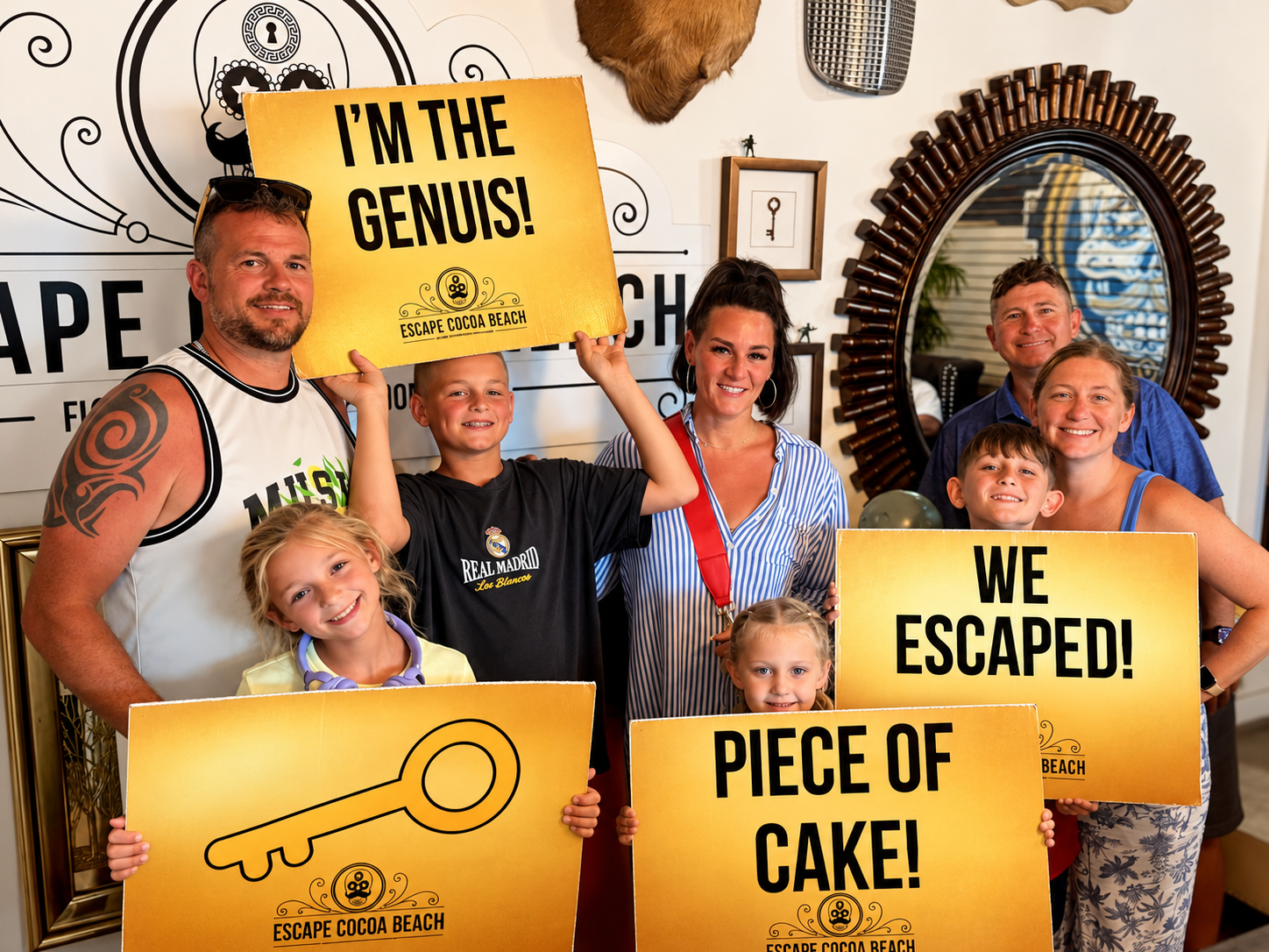 Family group celebrating after an escape room at Escape Cocoa Beach